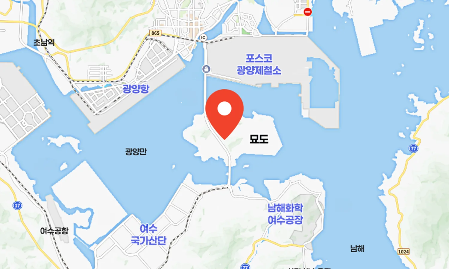 섬섬묘도 휴게소와 묘도대교 이순신대로 위치 지도